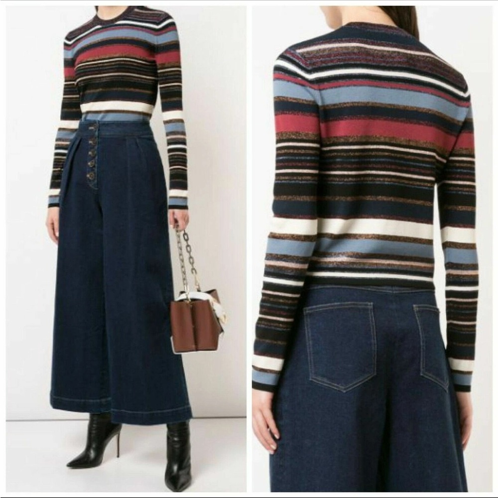 Veronica Beard Striped Crewneck Sweater in Navy, Light Blue, Rust & Cream - Picture 3 of 13